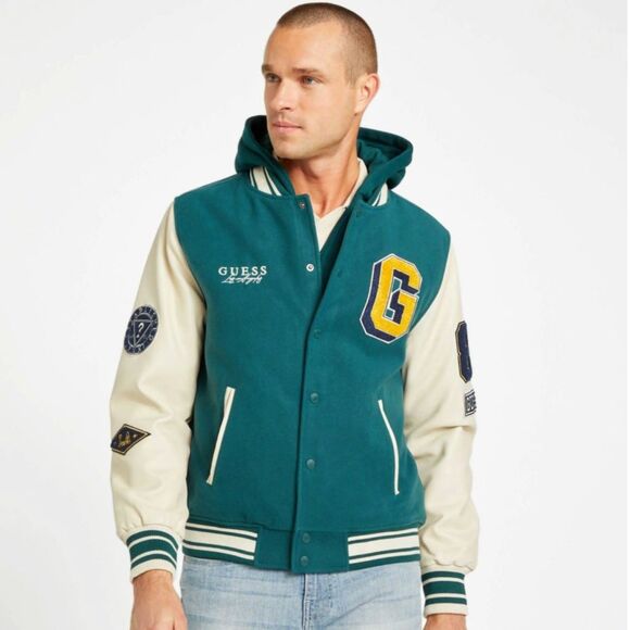 NWT GUESS Varsity Jacket Men’s M Double-Layered Hoodie Green & Cream - Picture 1 of 6